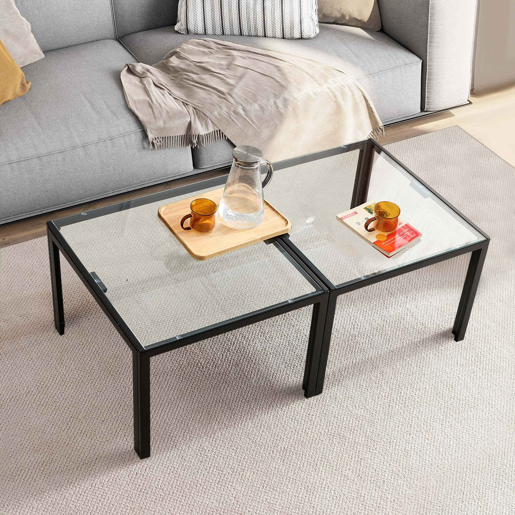Aukfa Modern Coffee Table Set of 2, End Table Side Tables for Living Room Bedroom Yard, Transparent