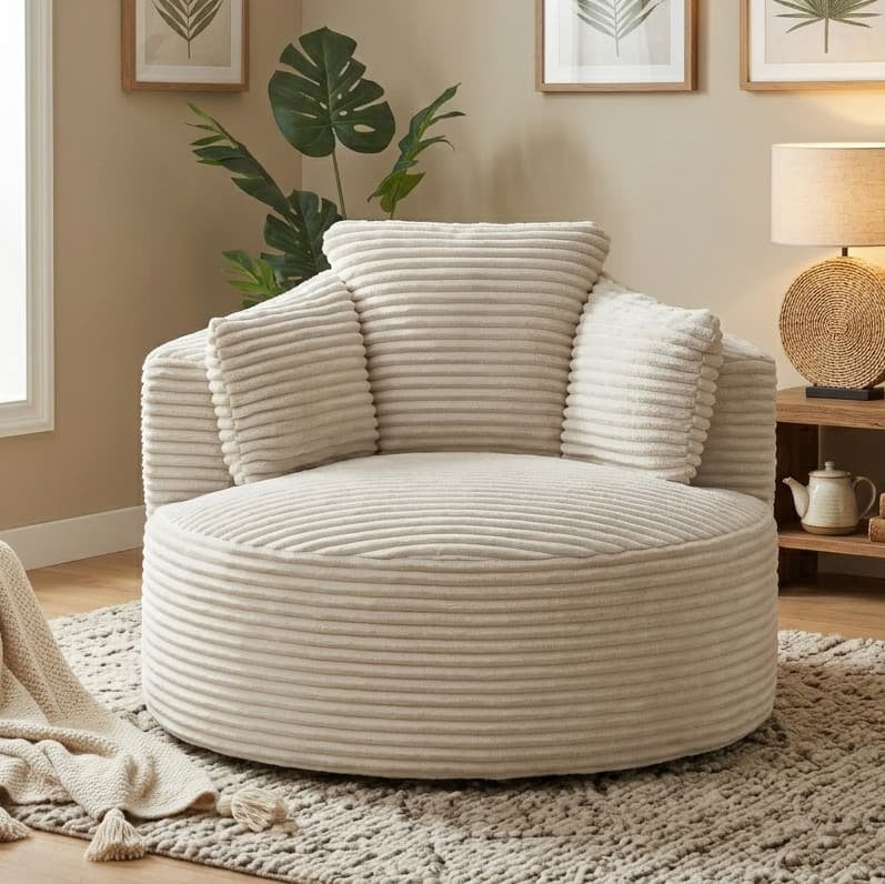 Aukfa Modern Corduroy Round Accent Chair, Compressible Chaise Lounge for Living Room & Bedroom, No Assembly,Beige