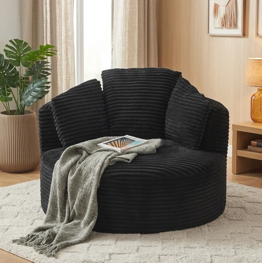 Aukfa Modern Corduroy Round Accent Chair, Compressible Chaise Lounge for Living Room & Bedroom, No Assembly,Black