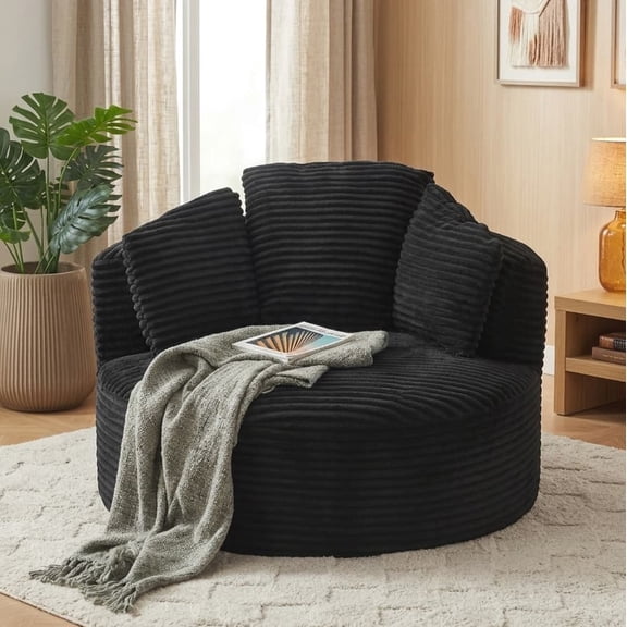 Aukfa Modern Corduroy Round Accent Chair, Compressible Chaise Lounge for Living Room & Bedroom, No Assembly,Black
