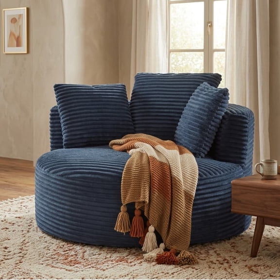 Aukfa Modern Corduroy Round Accent Chair, Compressible Chaise Lounge for Living Room & Bedroom, No Assembly,Blue