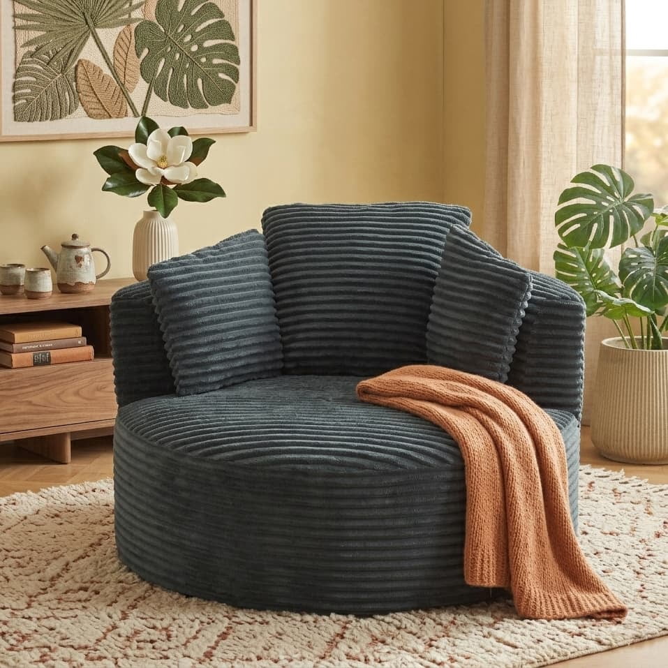Aukfa Modern Corduroy Round Accent Chair, Compressible Chaise Lounge for Living Room & Bedroom, No Assembly,Dark Gray