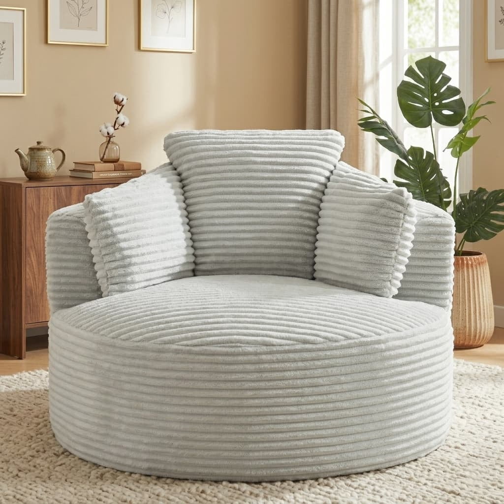 Aukfa Modern Corduroy Round Accent Chair, Compressible Chaise Lounge for Living Room & Bedroom, No Assembly,Gray