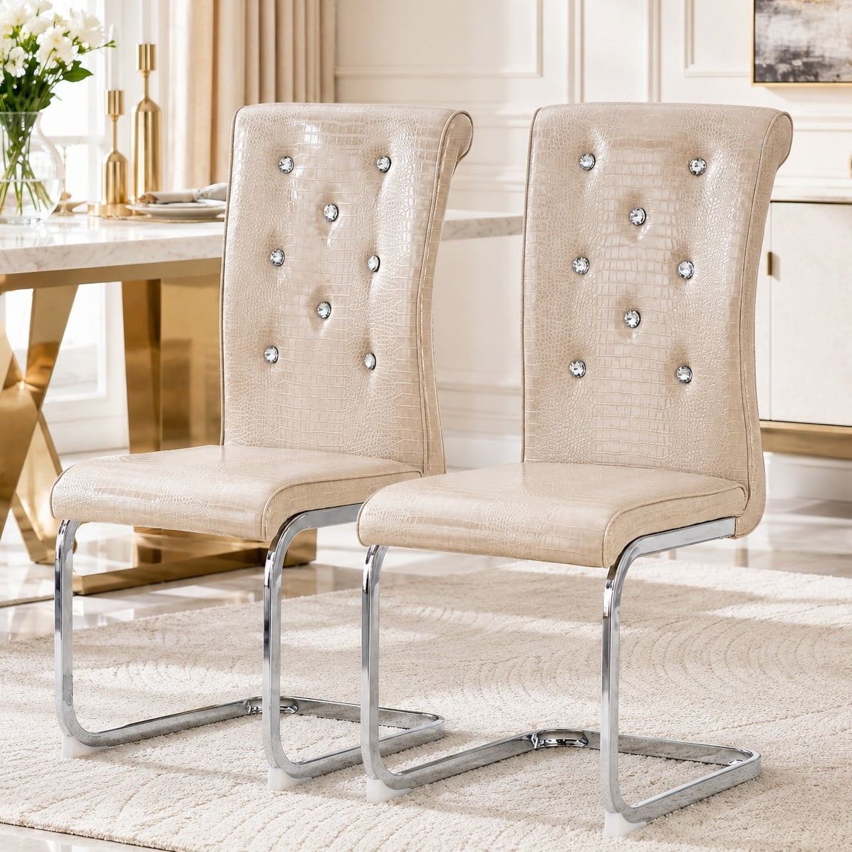 Aukfa Modern Dining Chairs Set of 2 , 400 lbs Heavy-Duty Faux Alligator Leather Kitchen Chairs with Crystal Button Tufted High Back,Beige