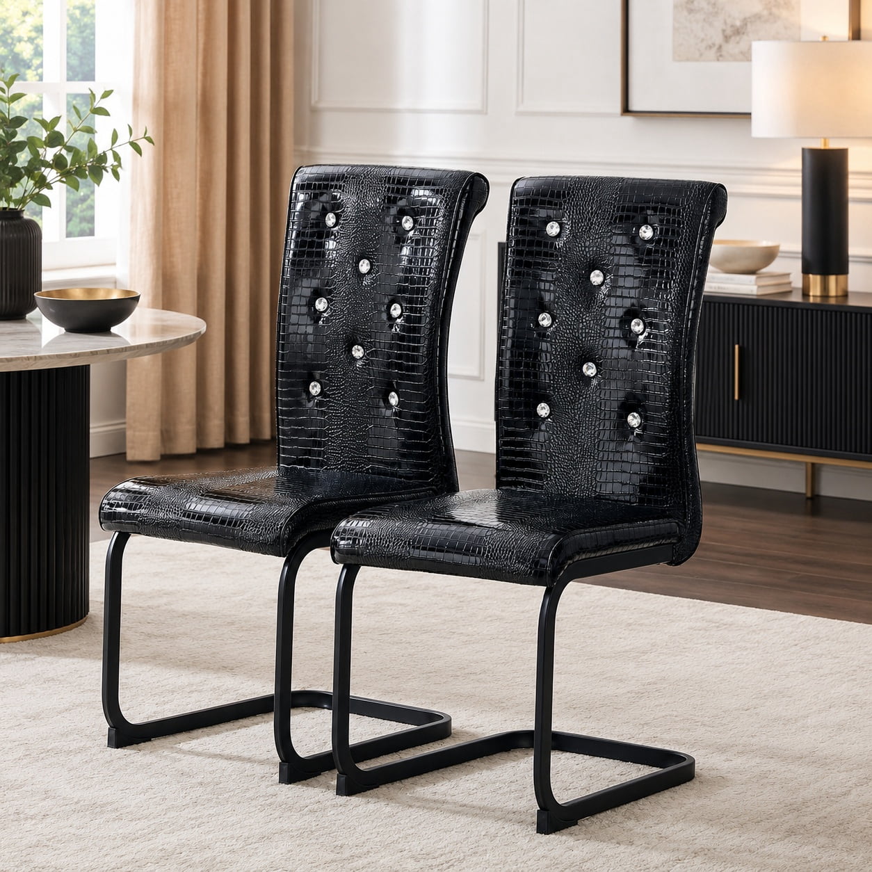 Aukfa Modern Dining Chairs Set of 2 , 400 lbs Heavy-Duty Faux Alligator Leather Kitchen Chairs with Crystal Button Tufted High Back,Black