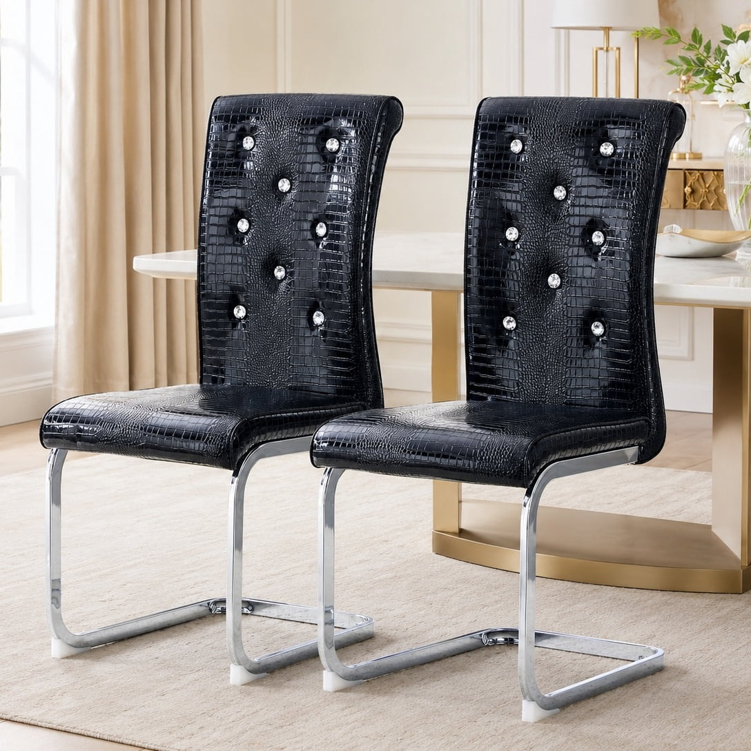 Aukfa Modern Dining Chairs Set of 2 , 400 lbs Heavy-Duty Faux Alligator Leather Kitchen Chairs with Crystal Button Tufted High Back,Black