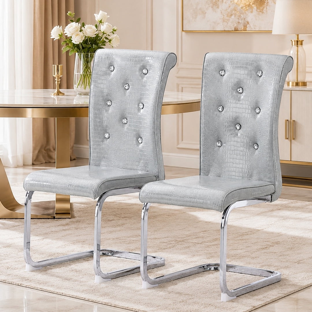 Aukfa Modern Dining Chairs Set of 2 , 400 lbs Heavy-Duty Faux Alligator Leather Kitchen Chairs with Crystal Button Tufted High Back,Gray