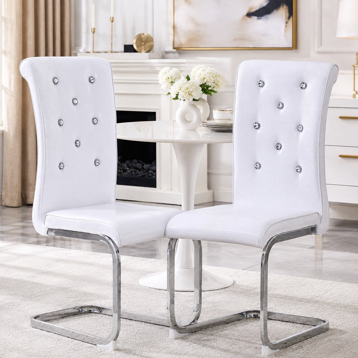 Aukfa Modern Dining Chairs Set of 2 , 400 lbs Heavy-Duty Faux Alligator Leather Kitchen Chairs with Crystal Button Tufted High Back,White
