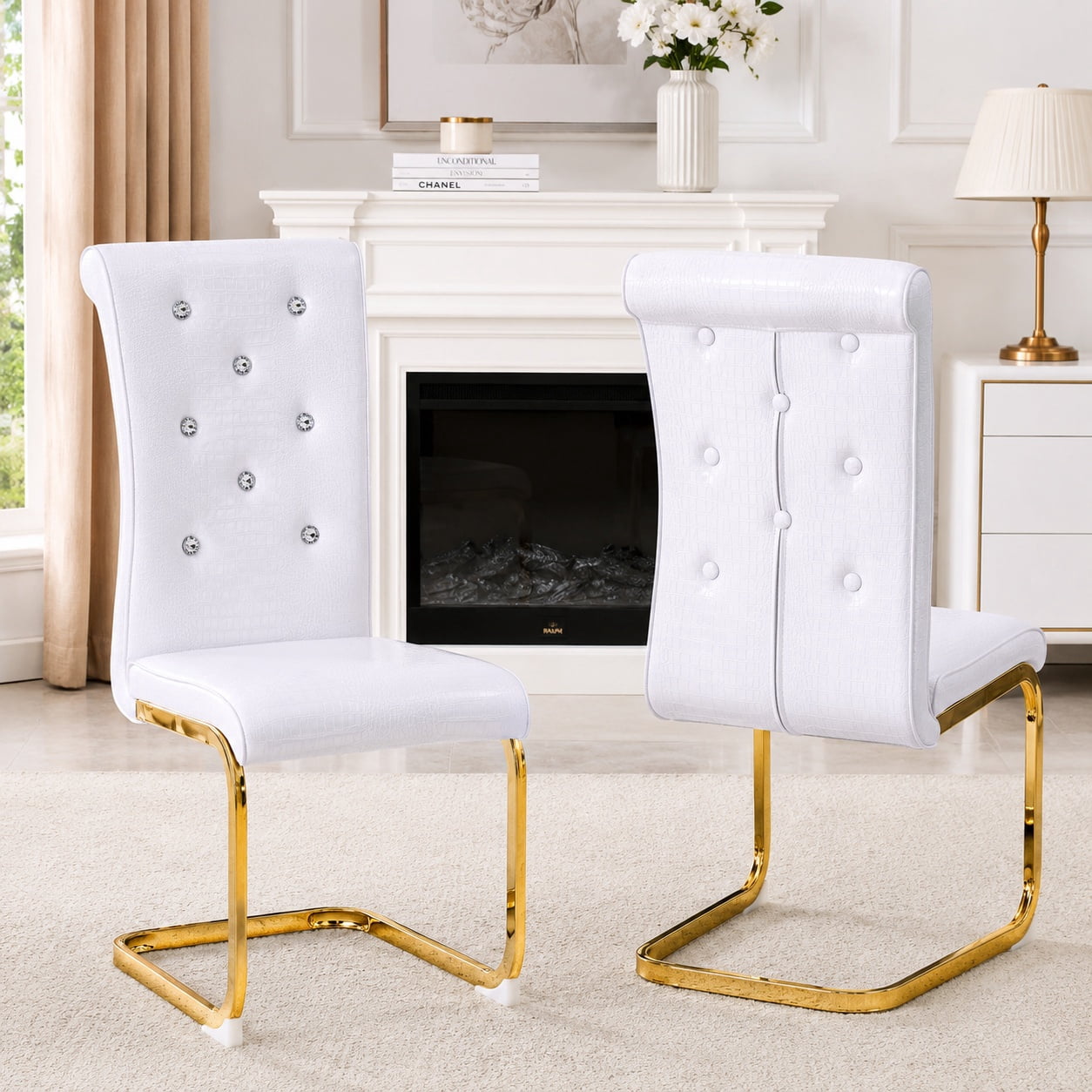 Aukfa Modern Dining Chairs Set of 2 , 400 lbs Heavy-Duty Faux Alligator Leather Kitchen Chairs with Crystal Button Tufted High Back,White