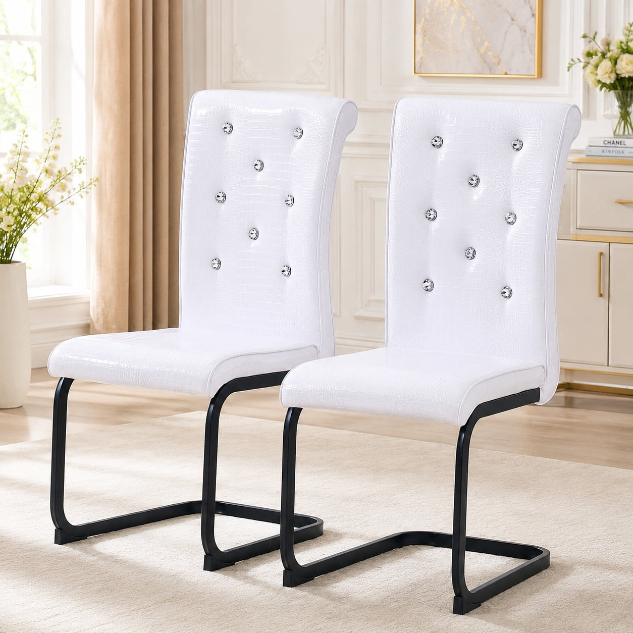 Aukfa Modern Dining Chairs Set of 2 , 400 lbs Heavy-Duty Faux Alligator Leather Kitchen Chairs with Crystal Button Tufted High Back,White