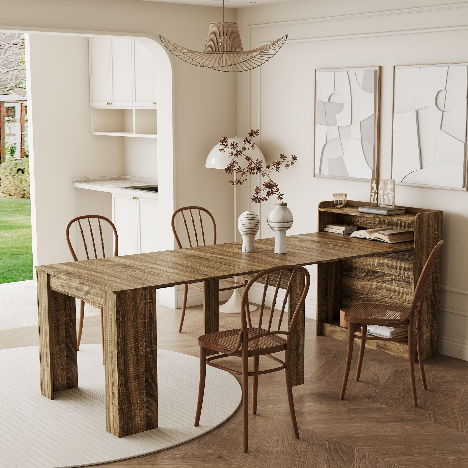 Aukfa Modern Extendable Dining Table with Storage, Rectangular Wood Kitchen Table, Oak