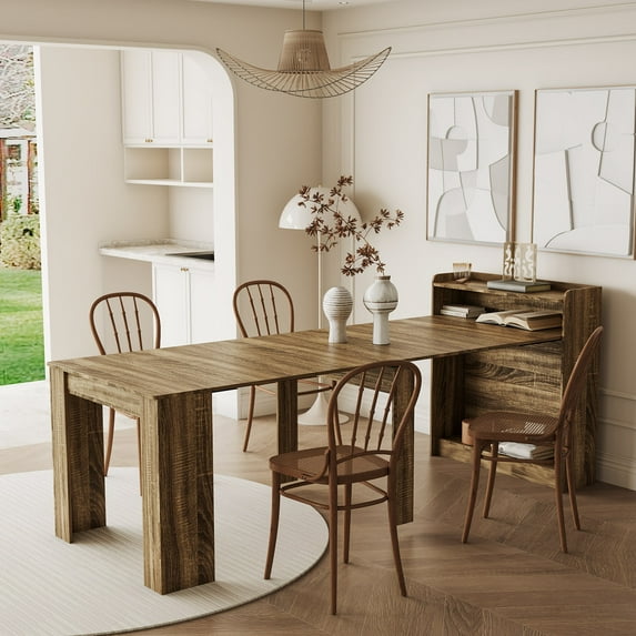 Aukfa Modern Extendable Dining Table with Storage, Rectangular Wood Kitchen Table, Oak