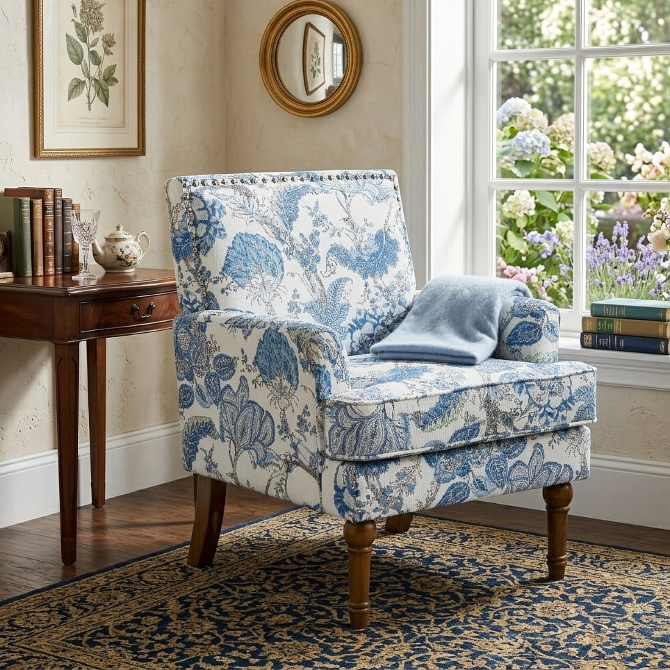 Aukfa Floral Accent Chair - Upholstered Armless Reading Chair with Nailhead Trim & Turned Wood Legs, Blue