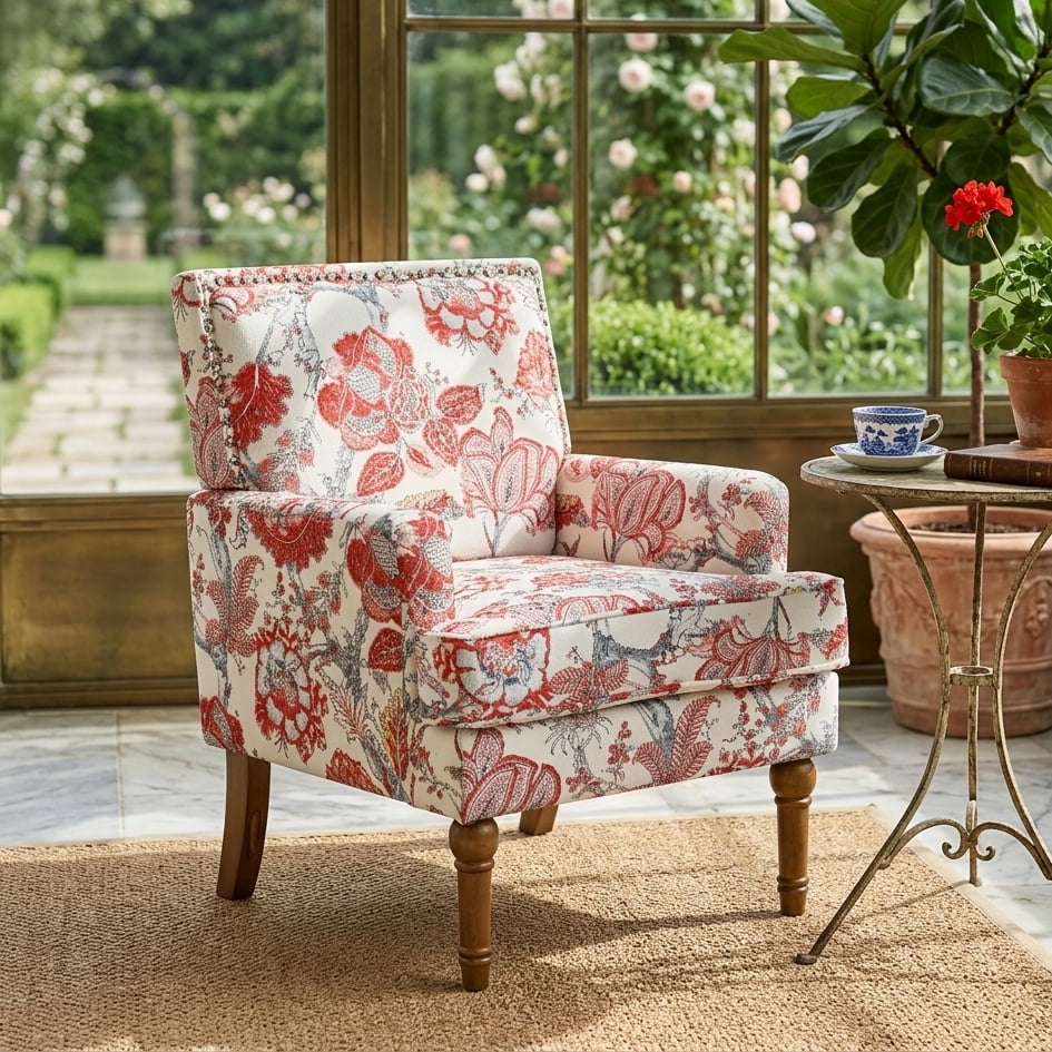 Aukfa Floral Accent Chair - Upholstered Armless Reading Chair with Nailhead Trim & Turned Wood Legs,Red