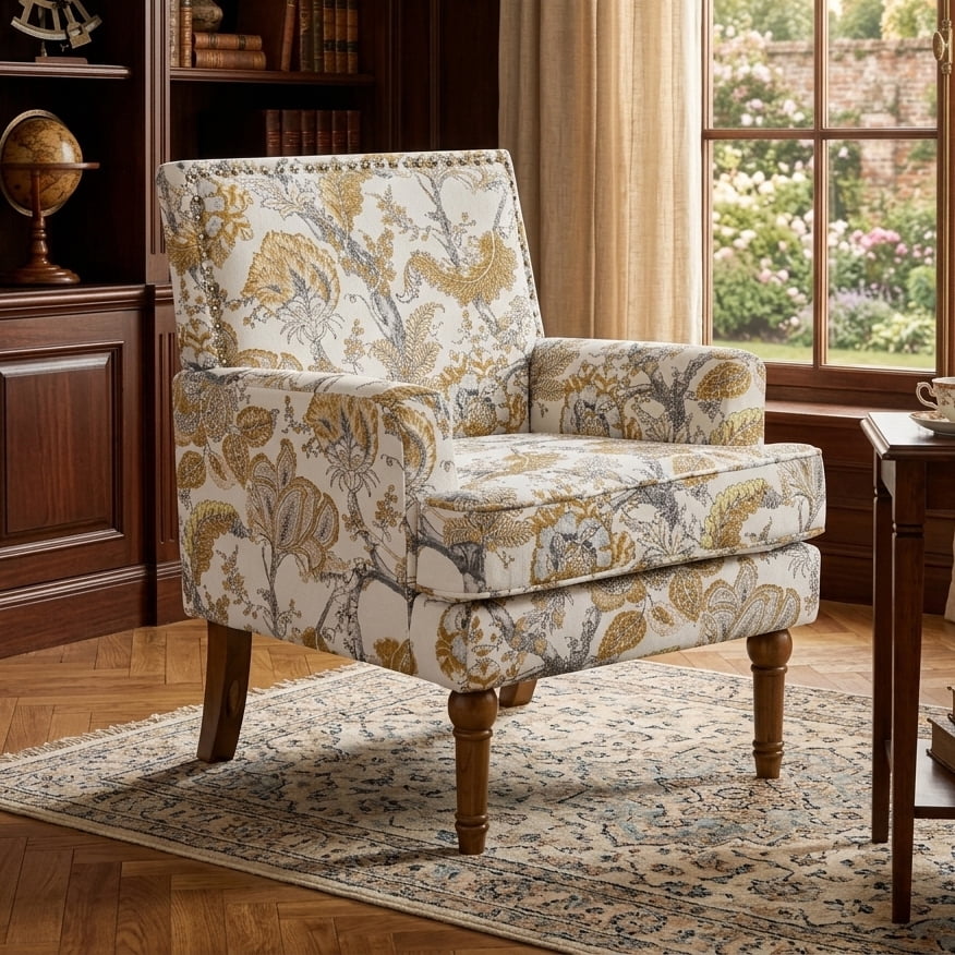 Aukfa Floral Accent Chair - Upholstered Armless Reading Chair with Nailhead Trim & Turned Wood Legs,Yellow