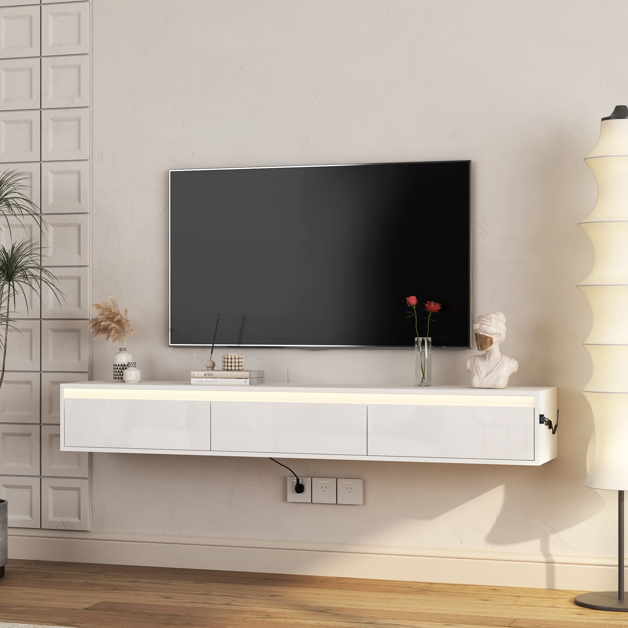 Aukfa Modern Floating TV Stand for TVs up to 65" 70",Wall Mounted High Gloss Entertainment Center W/ LED Lights & Power Outlet,White