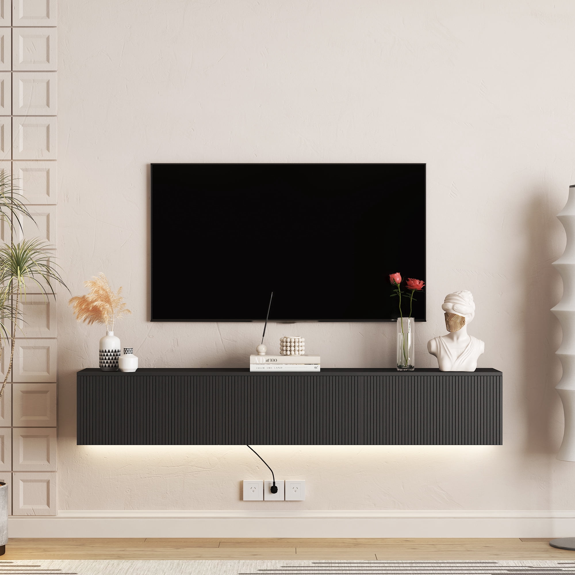 Aukfa Modern Floating TV Stand for TVs up to 70" W/LED Light & Power Outlet,Wall Mounted,Black
