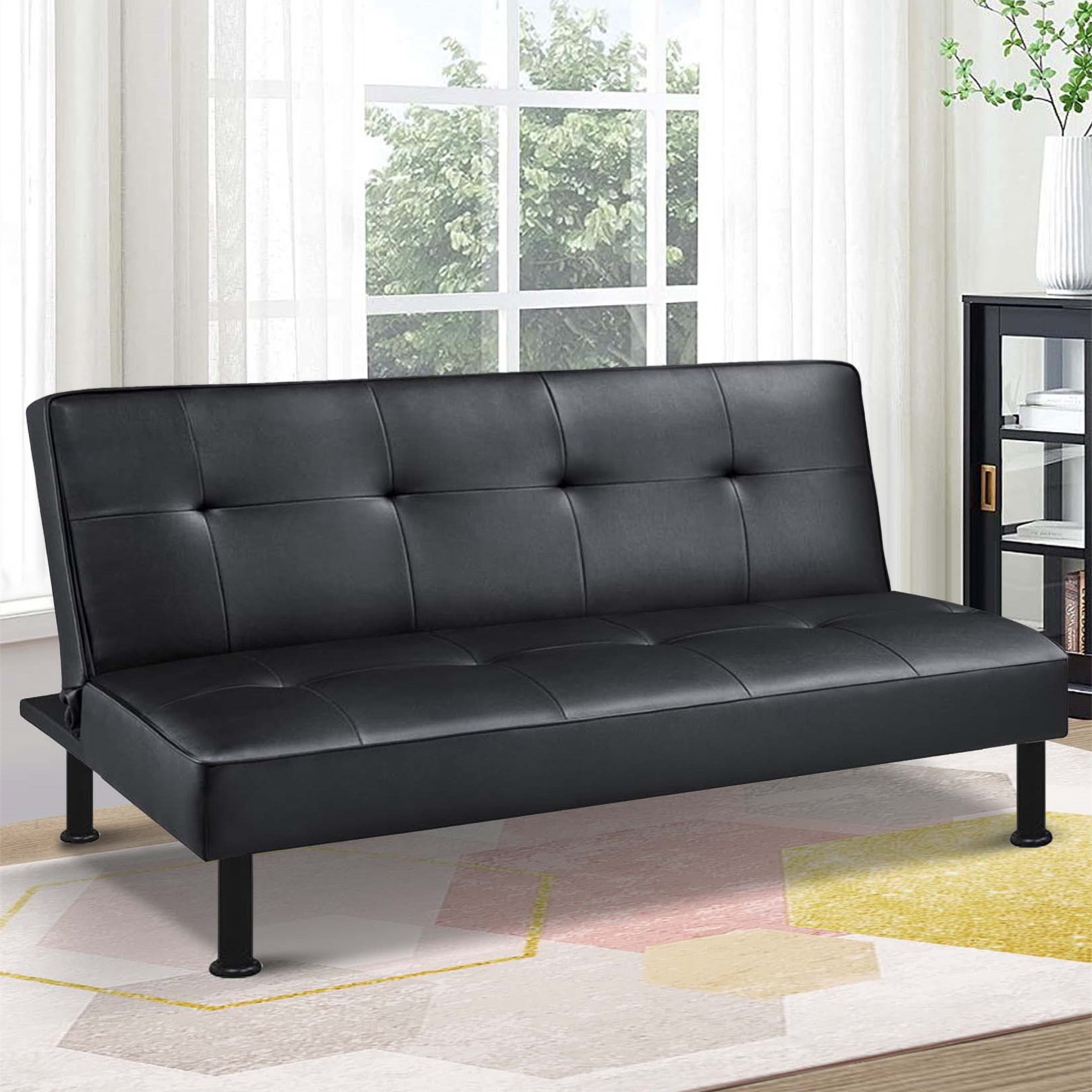 Aukfa Modern Futon Convertible Sofa Bed for Home Office, Tufted Back, Leather, Black