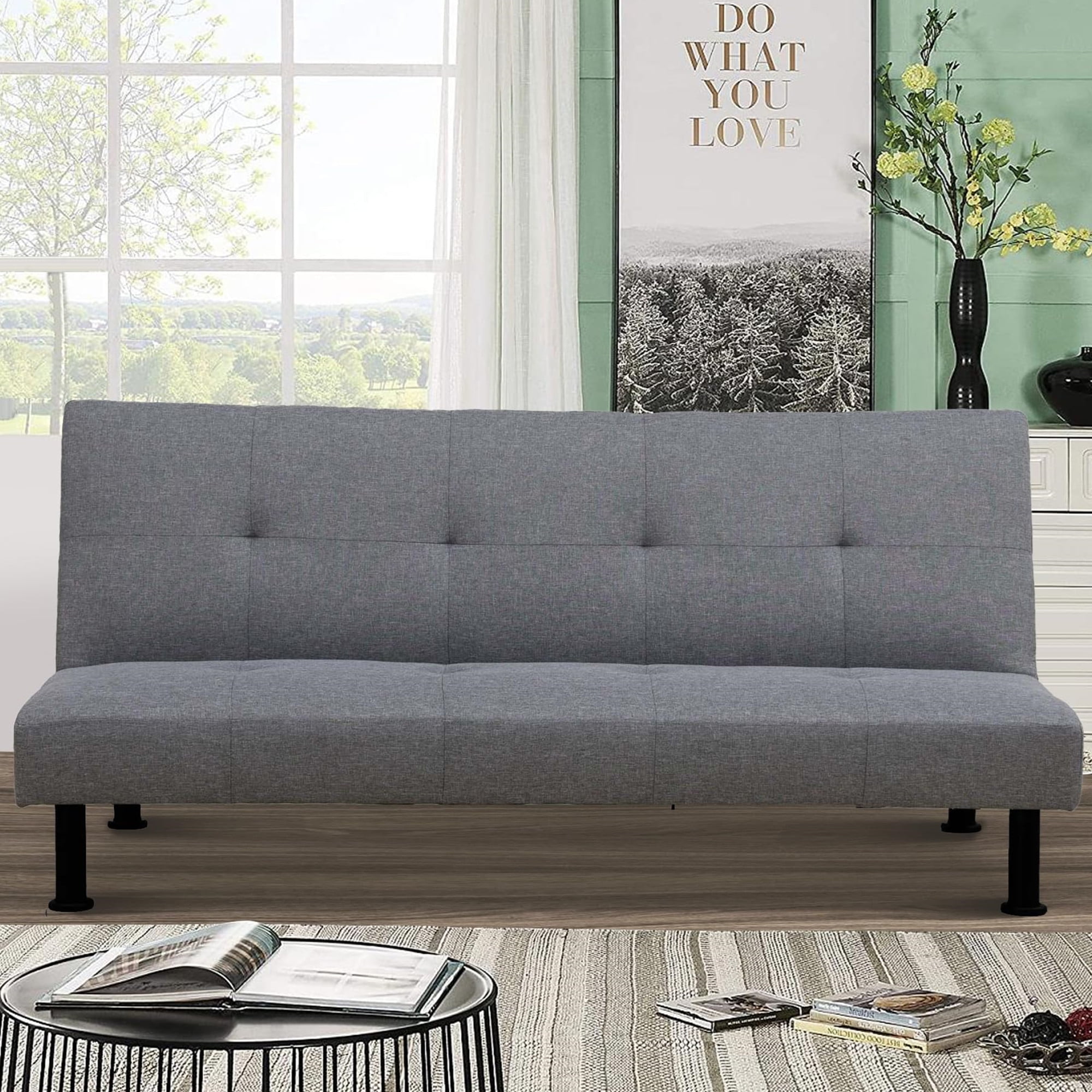 Aukfa Modern Futon Convertible Sofa Bed for Home Office, Tufted Back, Linen, Gray