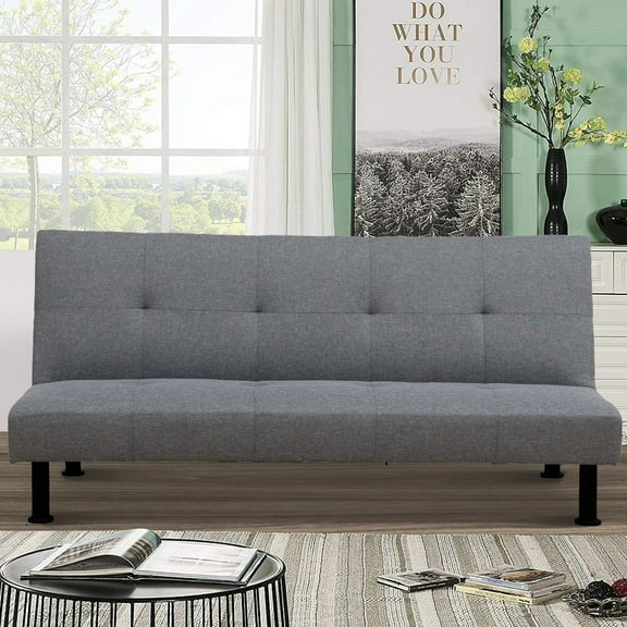 Aukfa Modern Futon Convertible Sofa Bed for Home Office, Tufted Back, Linen, Gray