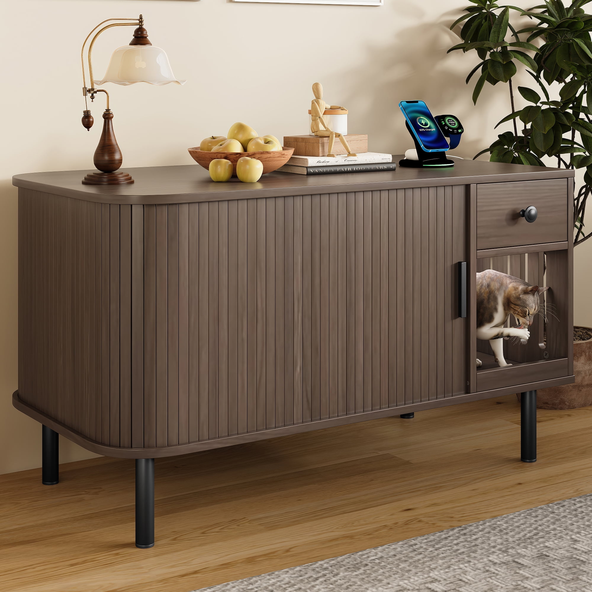 Aukfa Modern Hidden Litter Box Furniture with Charging Station,Tambour Sliding Door Cat Cabinet,Brown