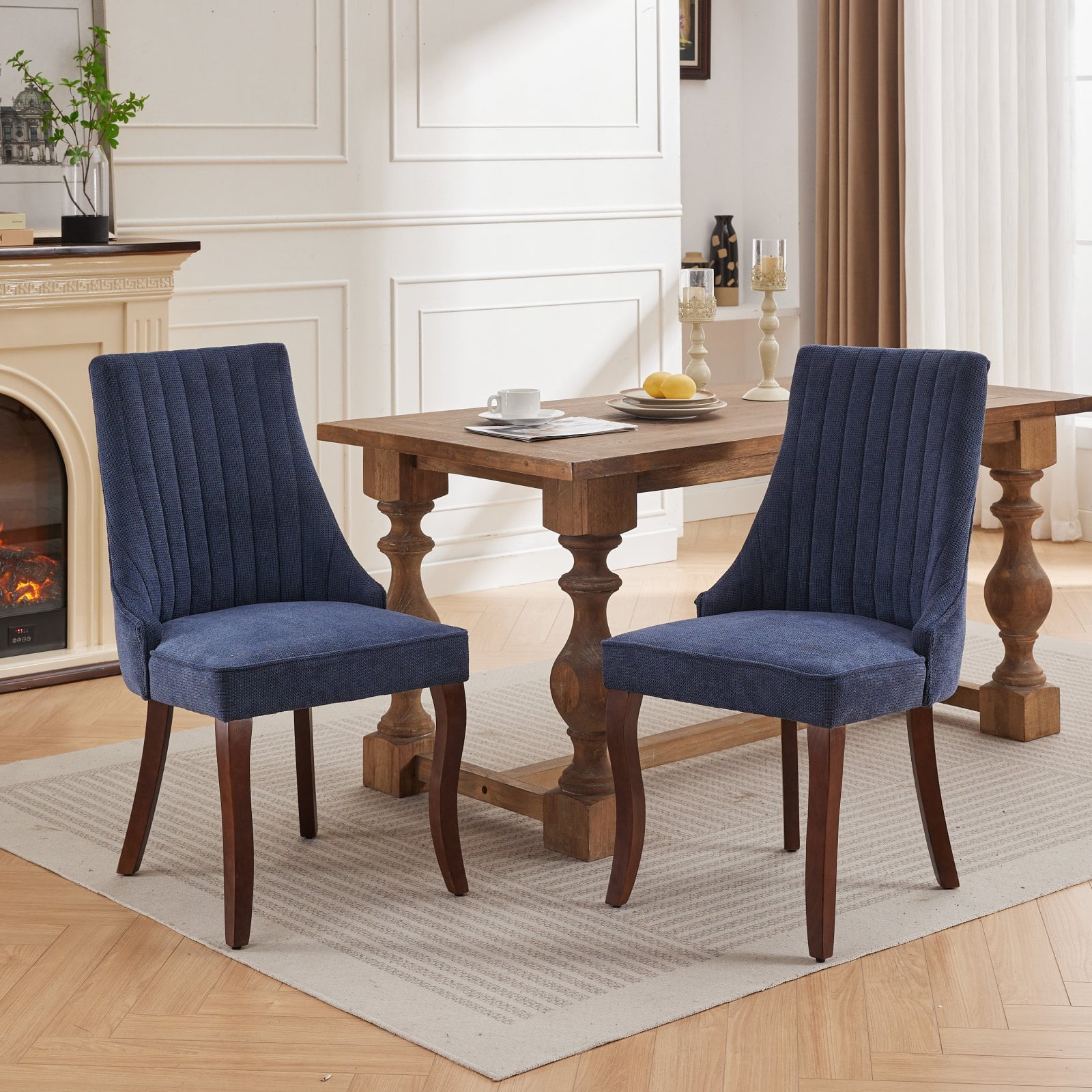 Aukfa Modern Linen Dining Chairs Set of 2, Upholstered Kitchen Side Chair Accent Chair w/ Curved Solid Wood Legs,Blue