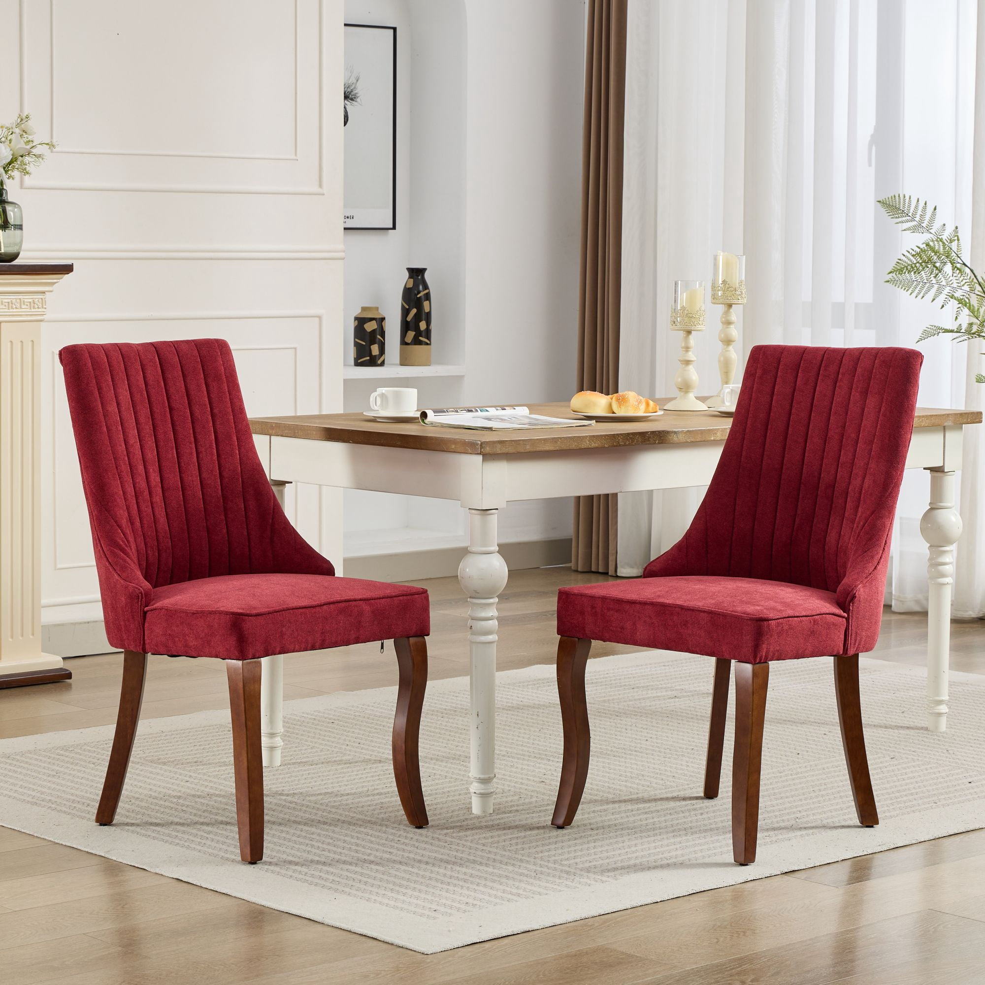Aukfa Modern Linen Dining Chairs Set of 2, Upholstered Kitchen Side Chair Accent Chair w/ Curved Solid Wood Legs,Wine Red