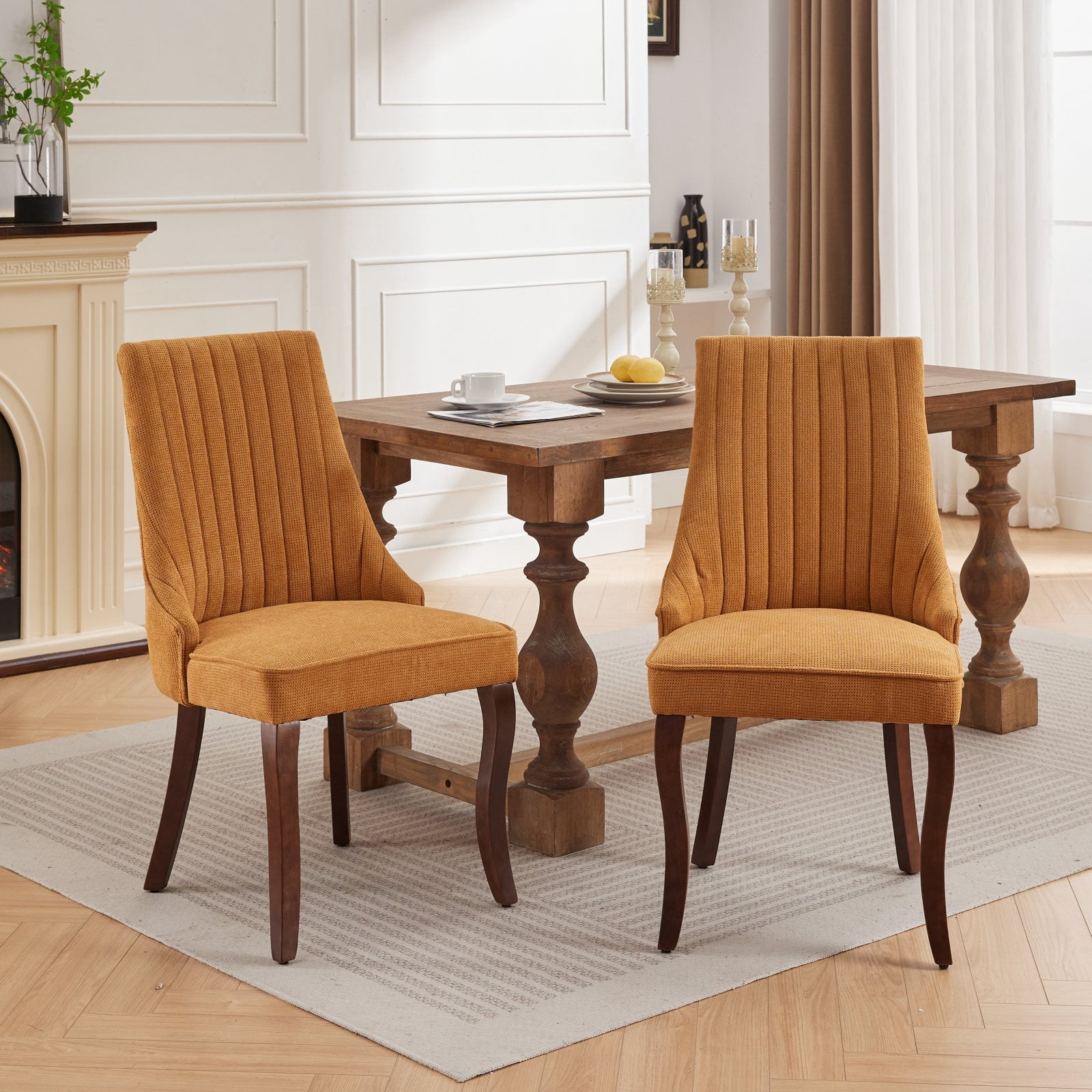 Aukfa Modern Linen Dining Chairs Set of 2, Upholstered Kitchen Side Chair Accent Chair w/ Curved Solid Wood Legs,Yellow