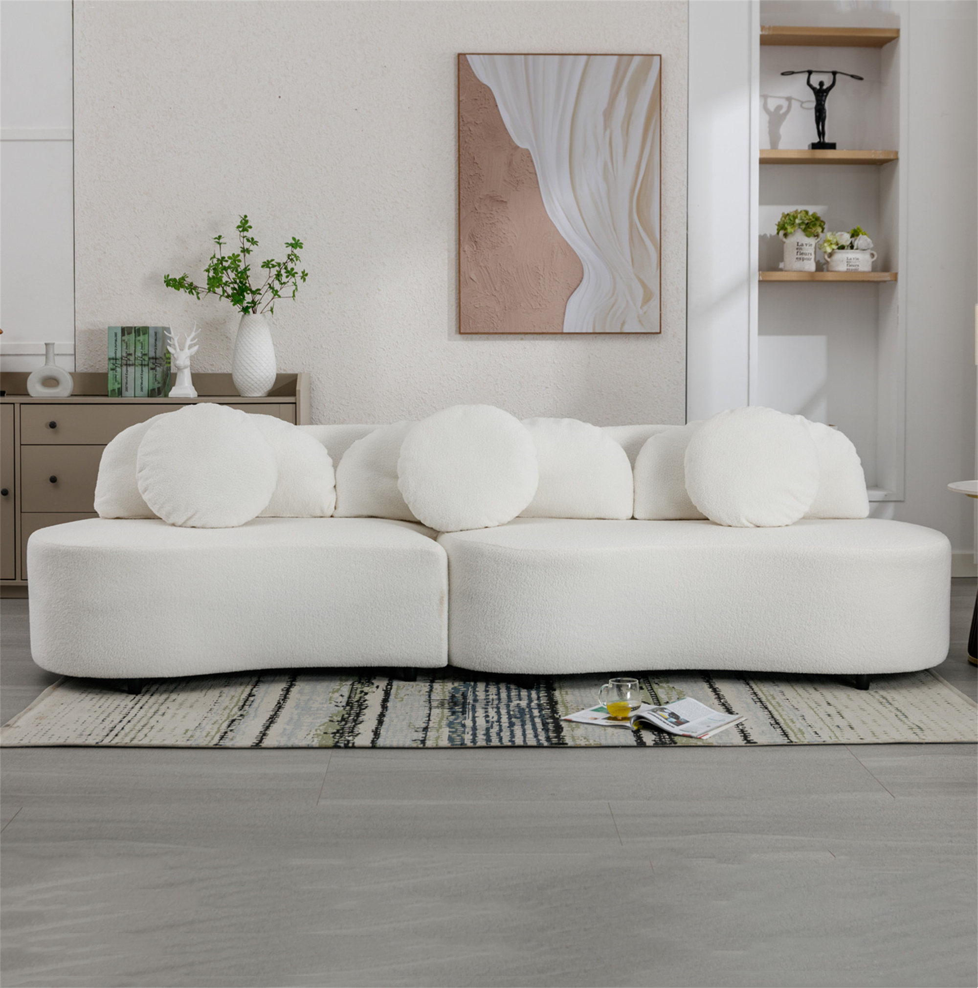 Aukfa Modern Living Room Curved Upholstered Couch, Sectional Sofa w/ 6 Pillows, Lamb Velvet, Beige