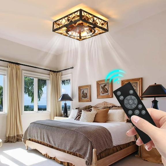 Aukfa Modern Low Profile Drum Cage Ceiling Fan with Light - Remote Control, Bladeless, 360-Degree Oscillating Design