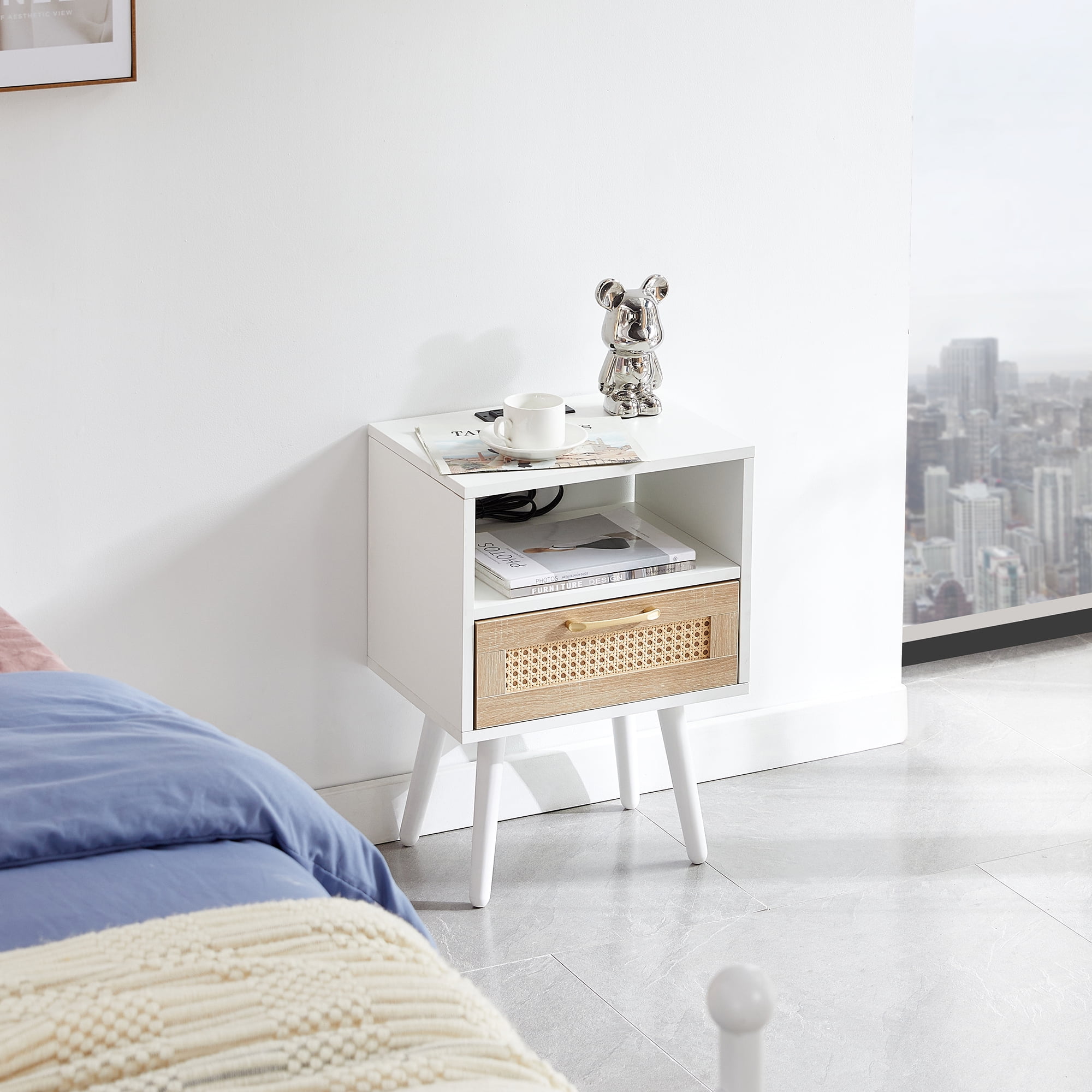 Aukfa Modern Nightstand Rattan End table with Power Outlet,USB Port for Living Room Bedroom,White