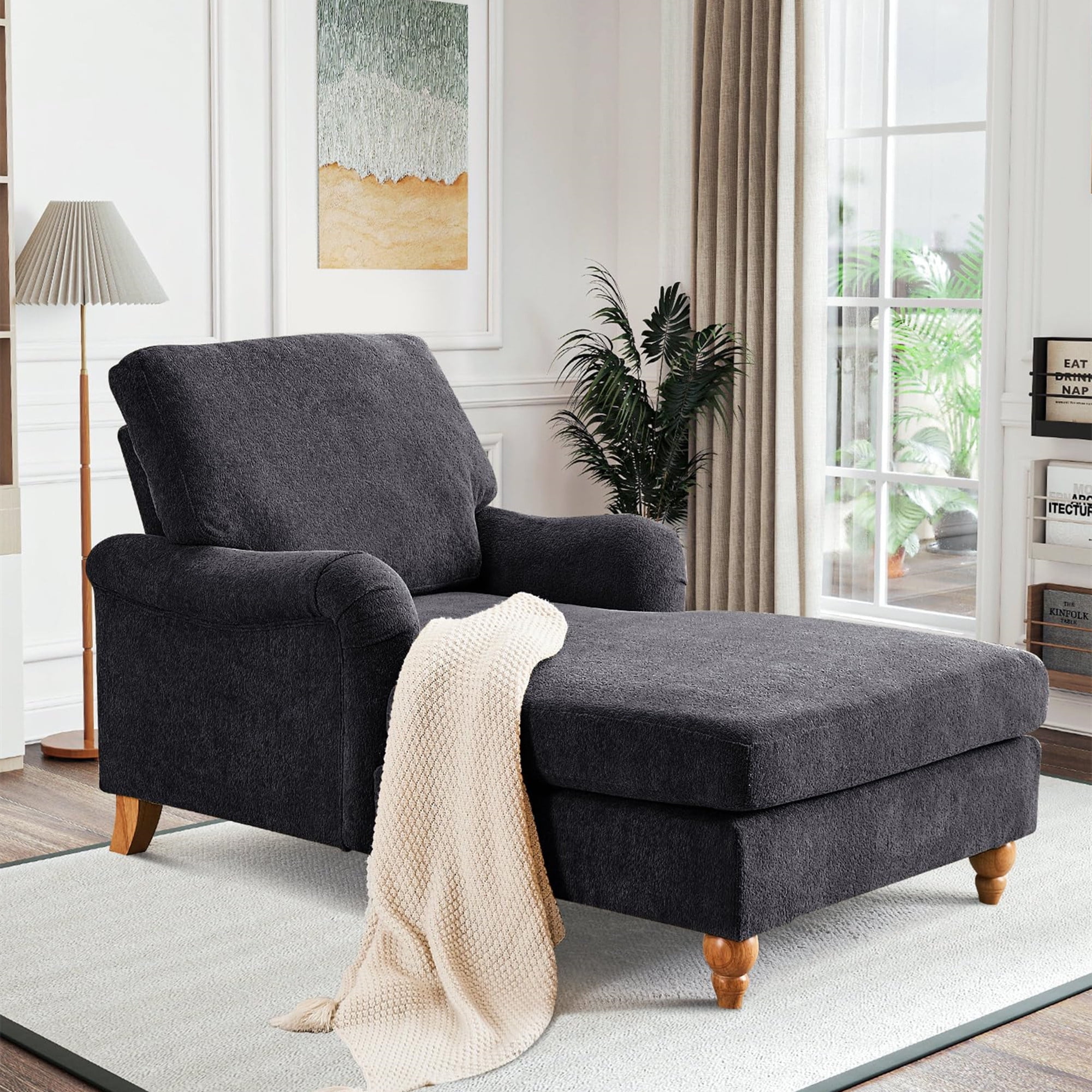 Aukfa Modern Oversized Chaise with Adjustable Backrest Sleeper Chair Sofa Recliner for Living Room Black