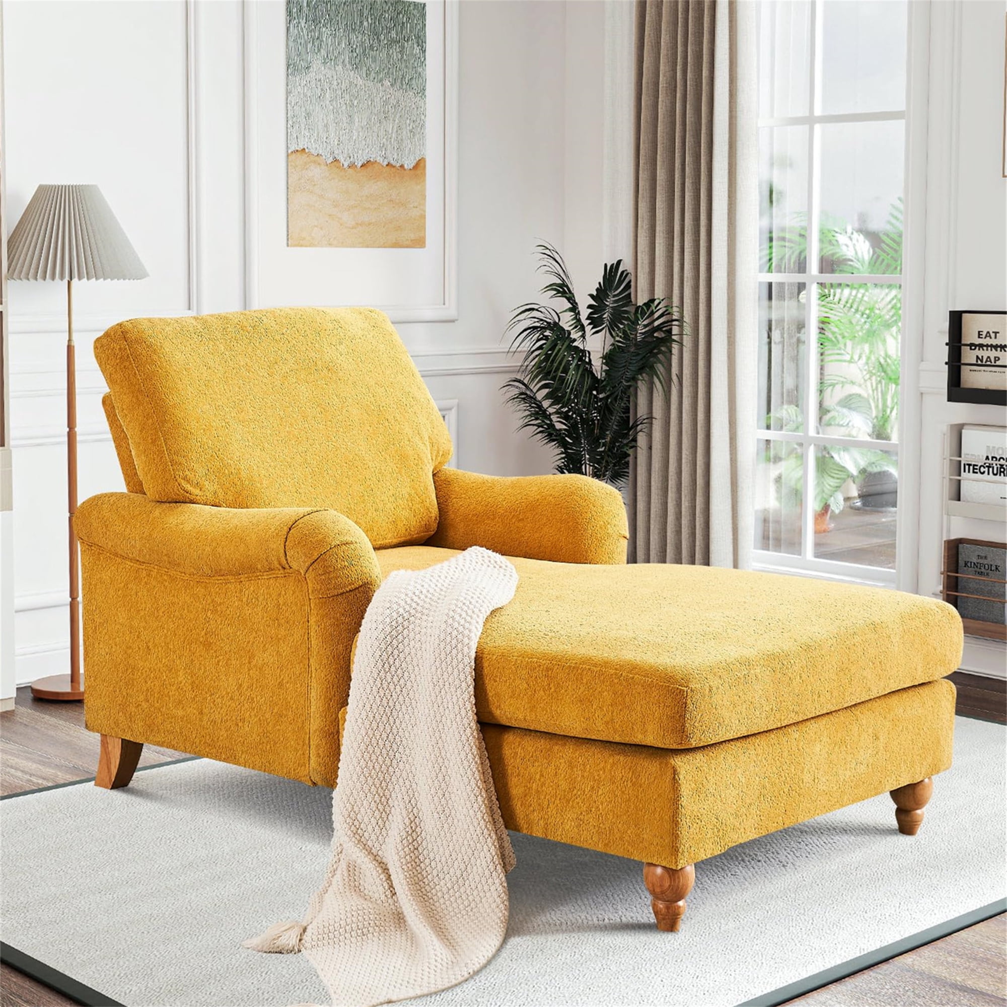 Aukfa Modern Oversized Chaise with Adjustable Backrest, Sleeper Chair Sofa Recliner for Living Room, Yellow
