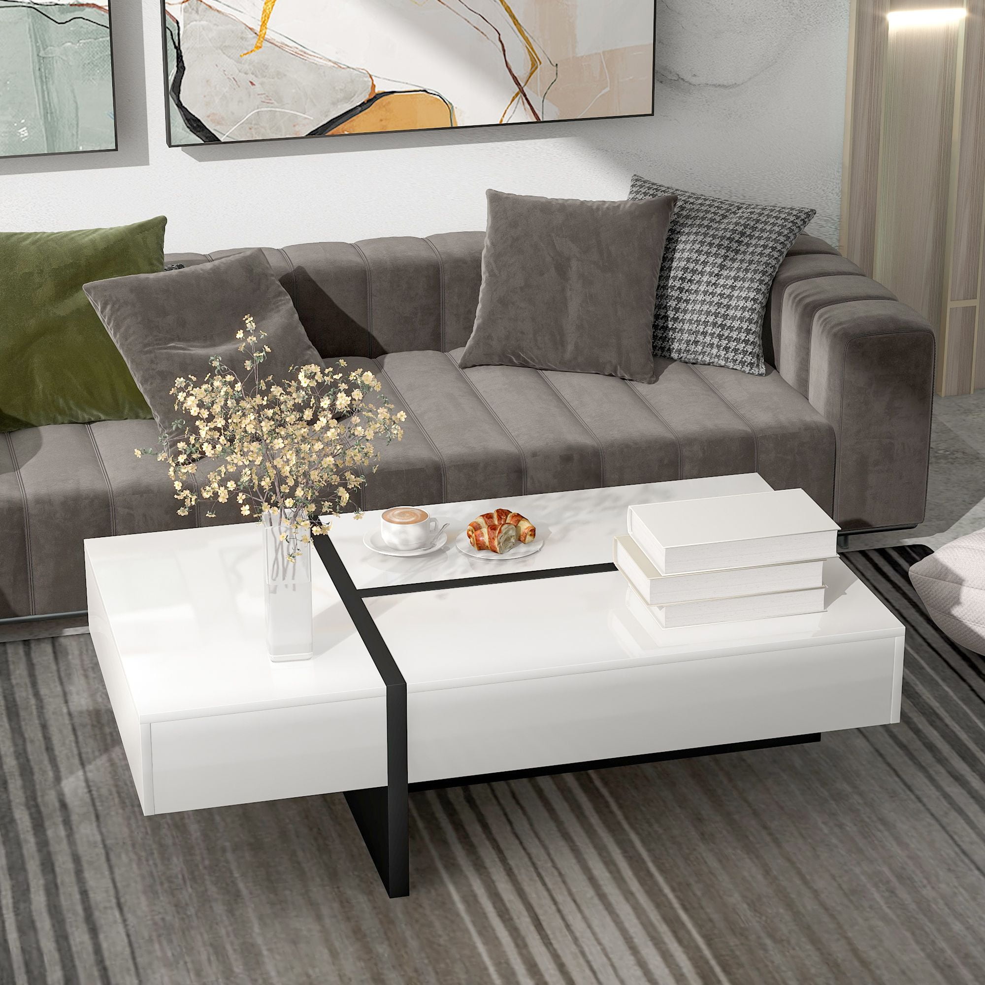 Aukfa Modern Particleboard Coffee Table with Storage Compartment, White