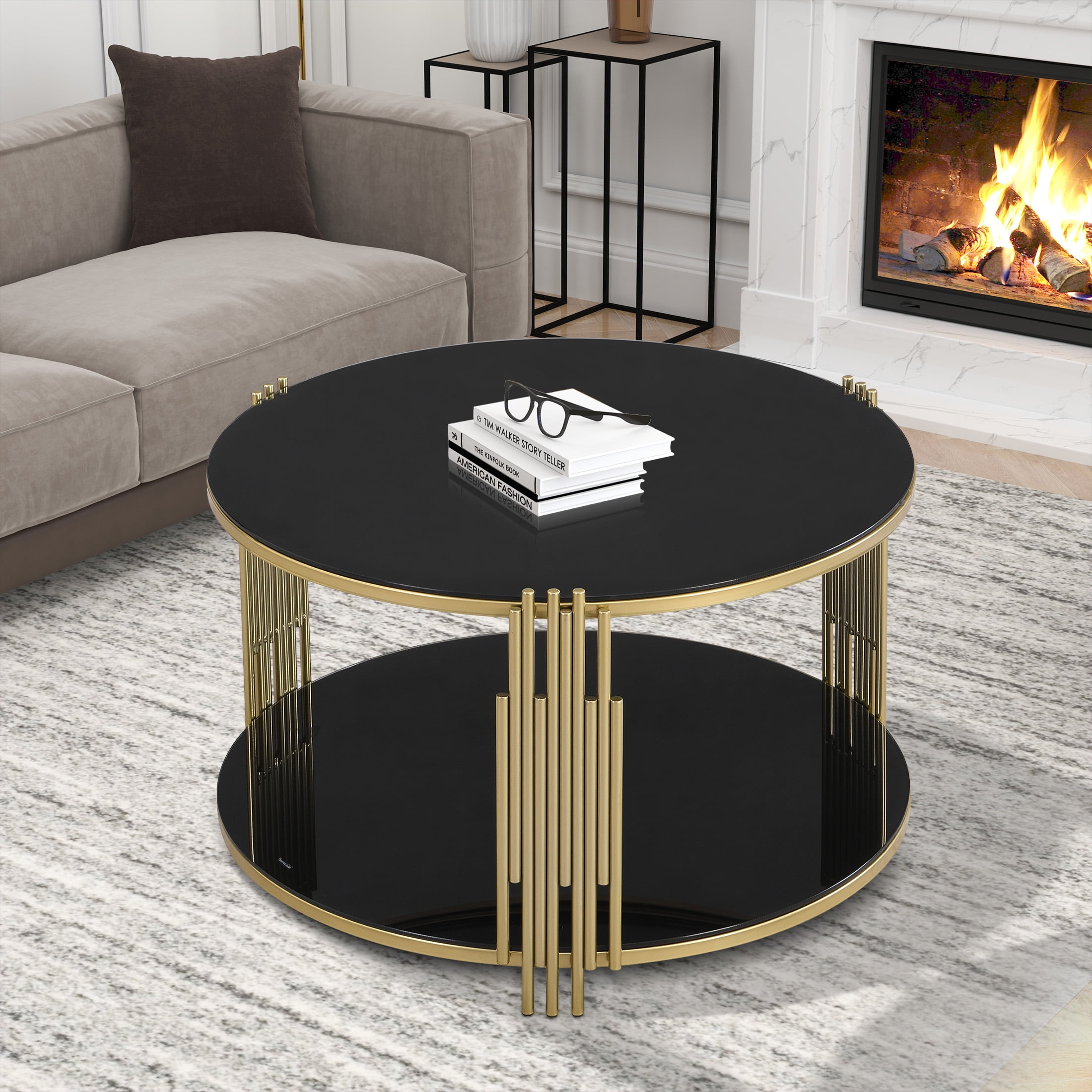 Aukfa Modern Round Tempered Glass Coffee Table, 2-Tier Center Table with Golden Metal Frame for Living Room, Black