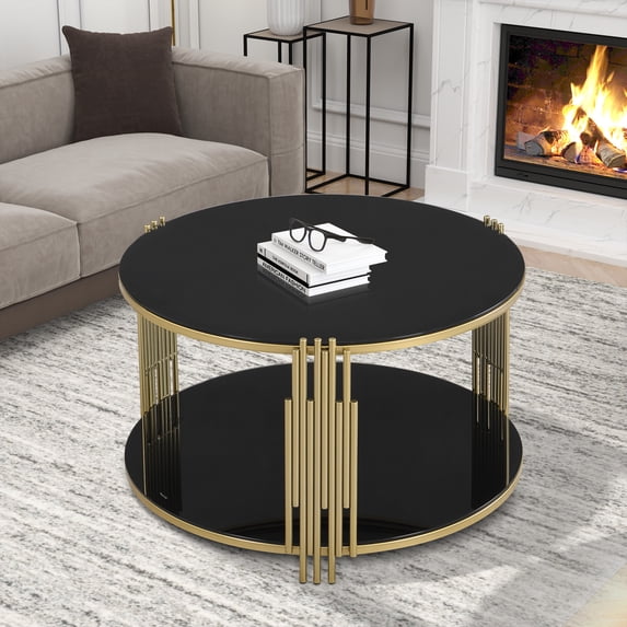 Aukfa Modern Round Tempered Glass Coffee Table, 2-Tier Center Table with Golden Metal Frame for Living Room, Black