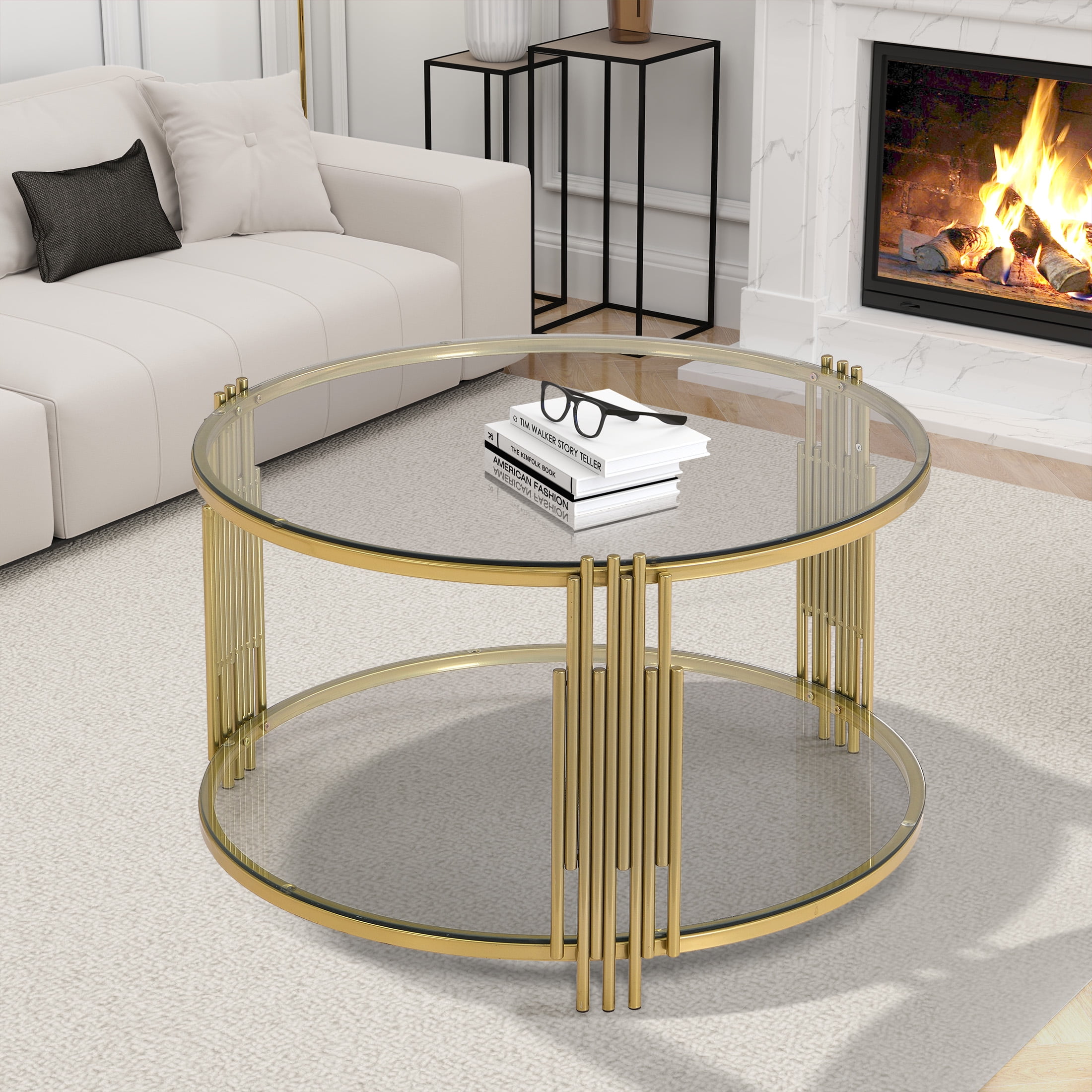 Aukfa Modern Round Tempered Glass Coffee Table, 2-Tier Center Table with Golden Metal Frame for Living Room, Transparent