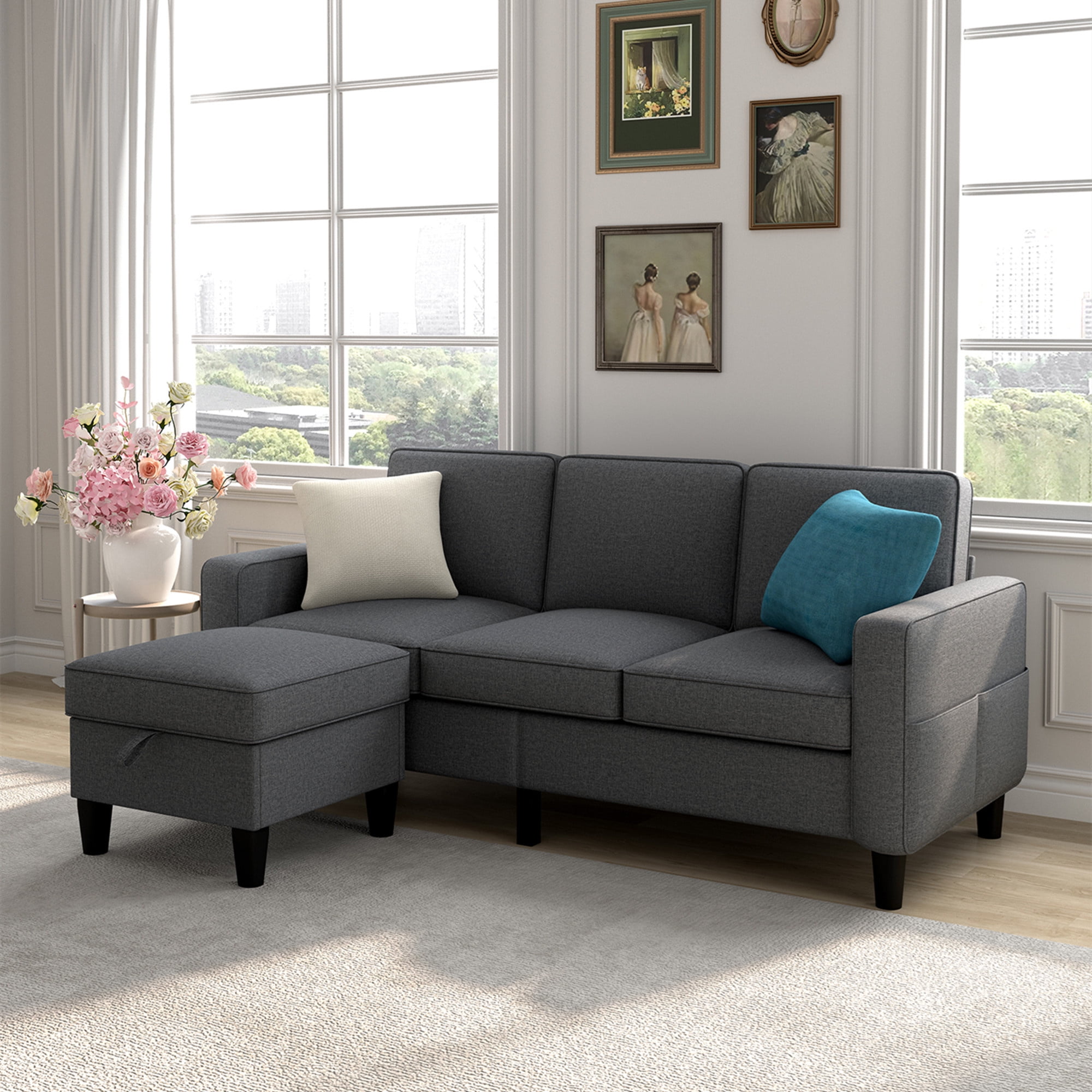 Aukfa Modern Sectional Sofa, 78" 3 Seater Couch with Storage Ottoman