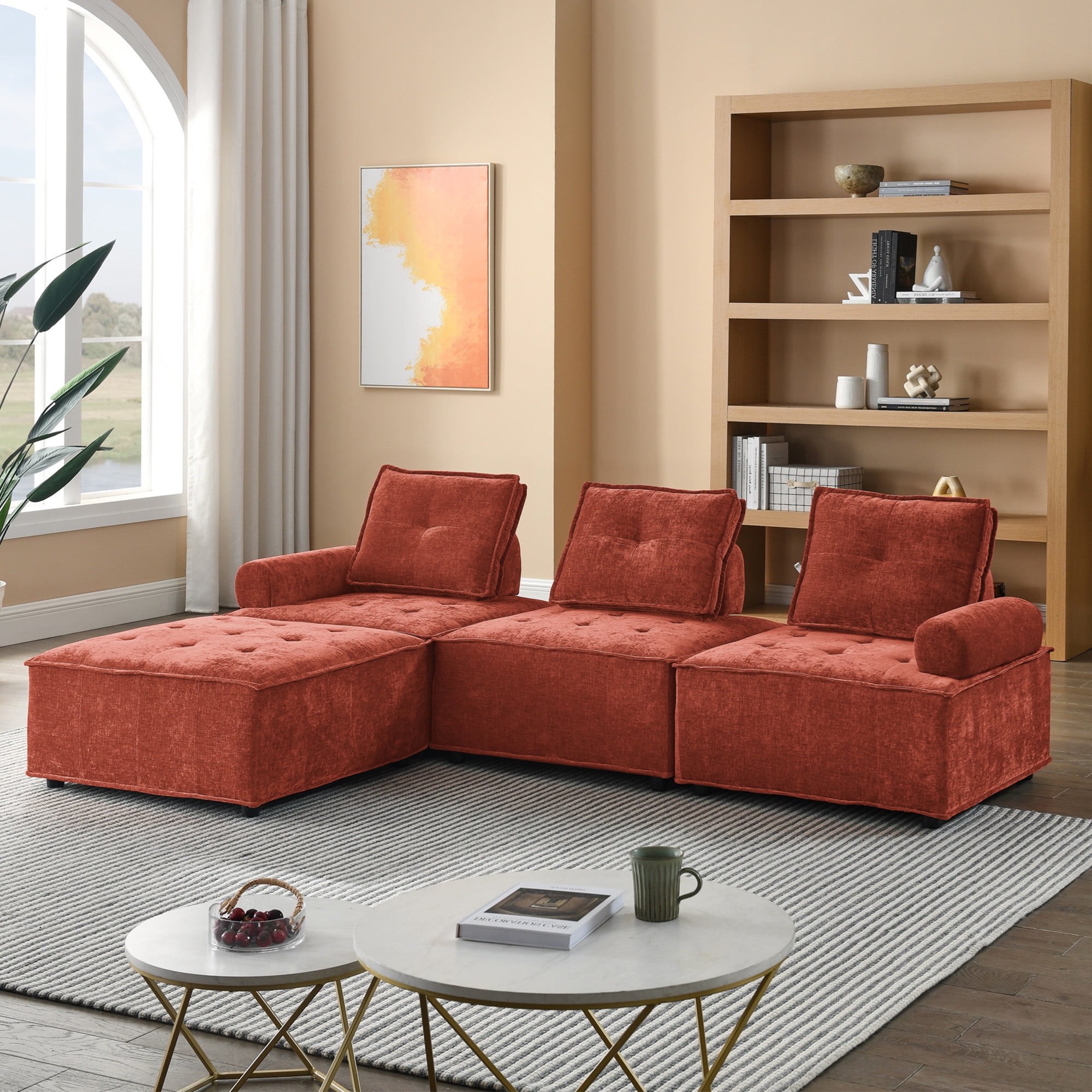 Aukfa Modern Sectional Sofa, 99" Living Room Modular Couch with Ottoman, Chenille, Red