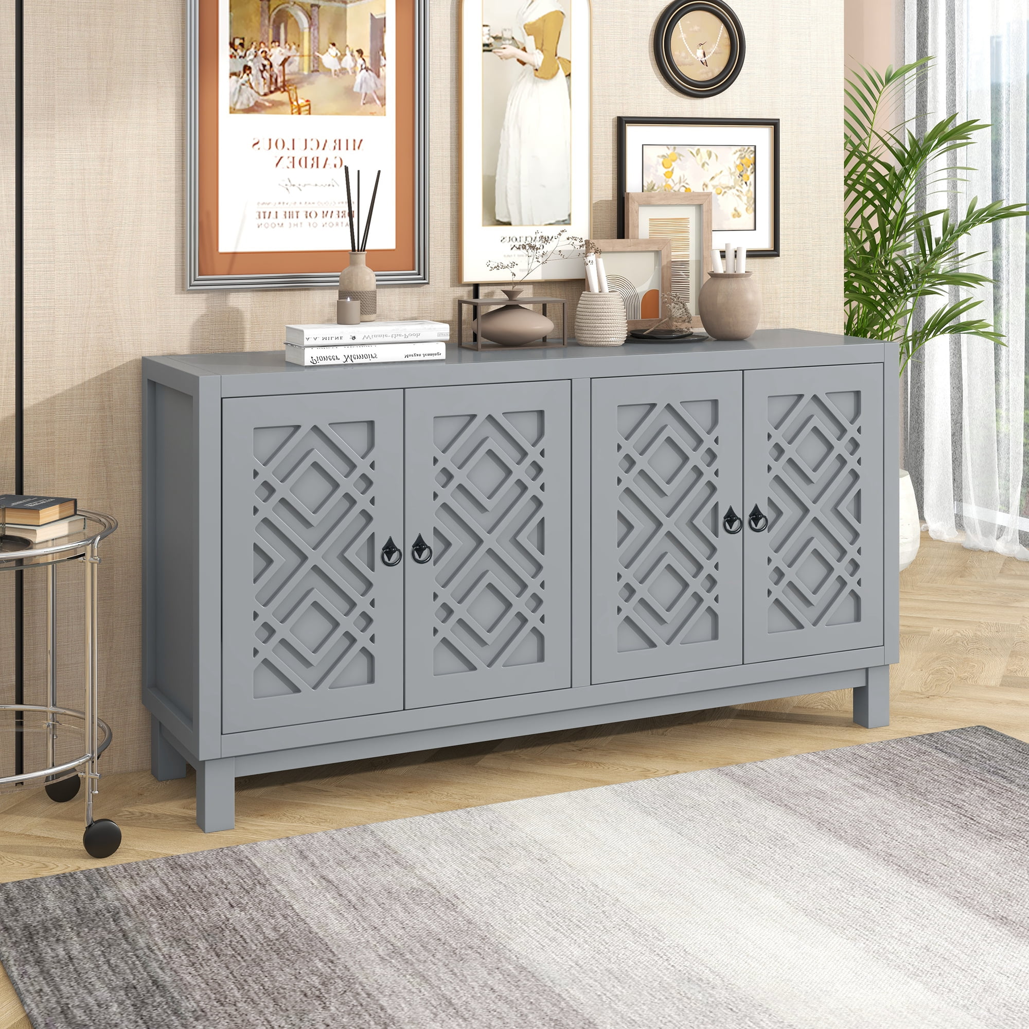 Aukfa Modern Storage Sideboard Buffet with Pull Ring Handles for Living Room Kitchen