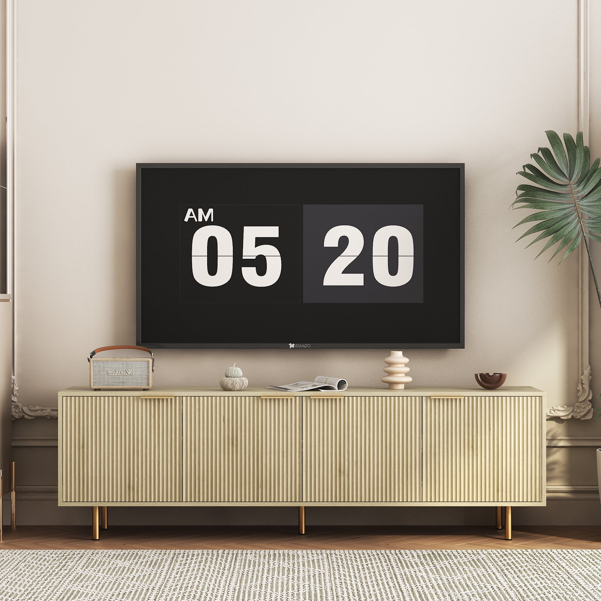 Aukfa Modern TV Stand for 75 inch TV with Door for Living Room Bedroom,Natural