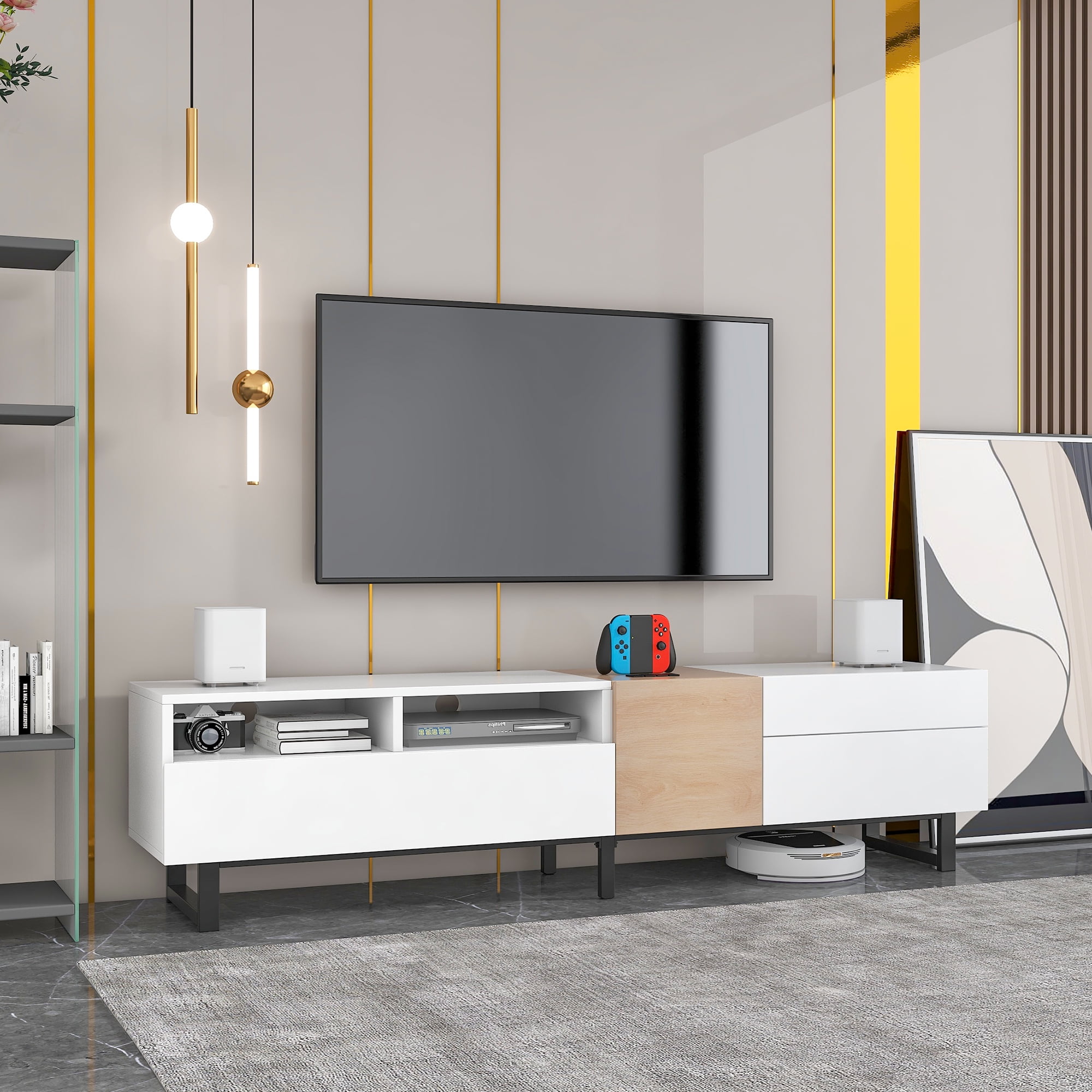 Aukfa Modern TV Stand for 80'' TV, Media Console Table with Drop Down Door for Living Room, Bedroom - White