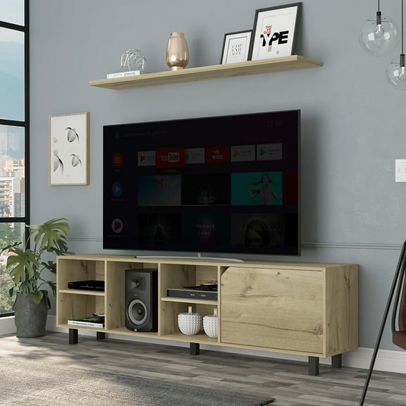 Aukfa Modern TV Stand for TVs Up to 75", TV Console table with Glass Doors, Brown