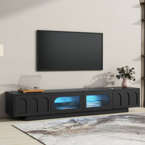 Aukfa Modern TV Stand for TVs Up to 95" with PP-Controlled LED Light & Fluted Doors,Black