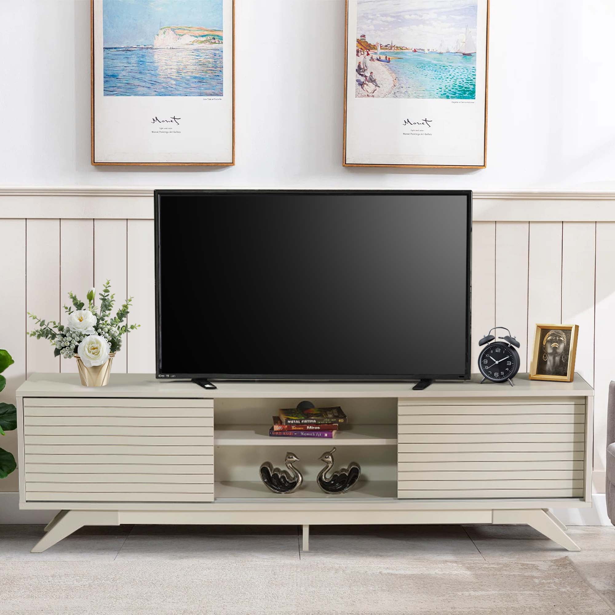 Aukfa Modern TV Stand for TVs up to 70" - TV Cabinet with 2 Sliding Door for living Room - Gray