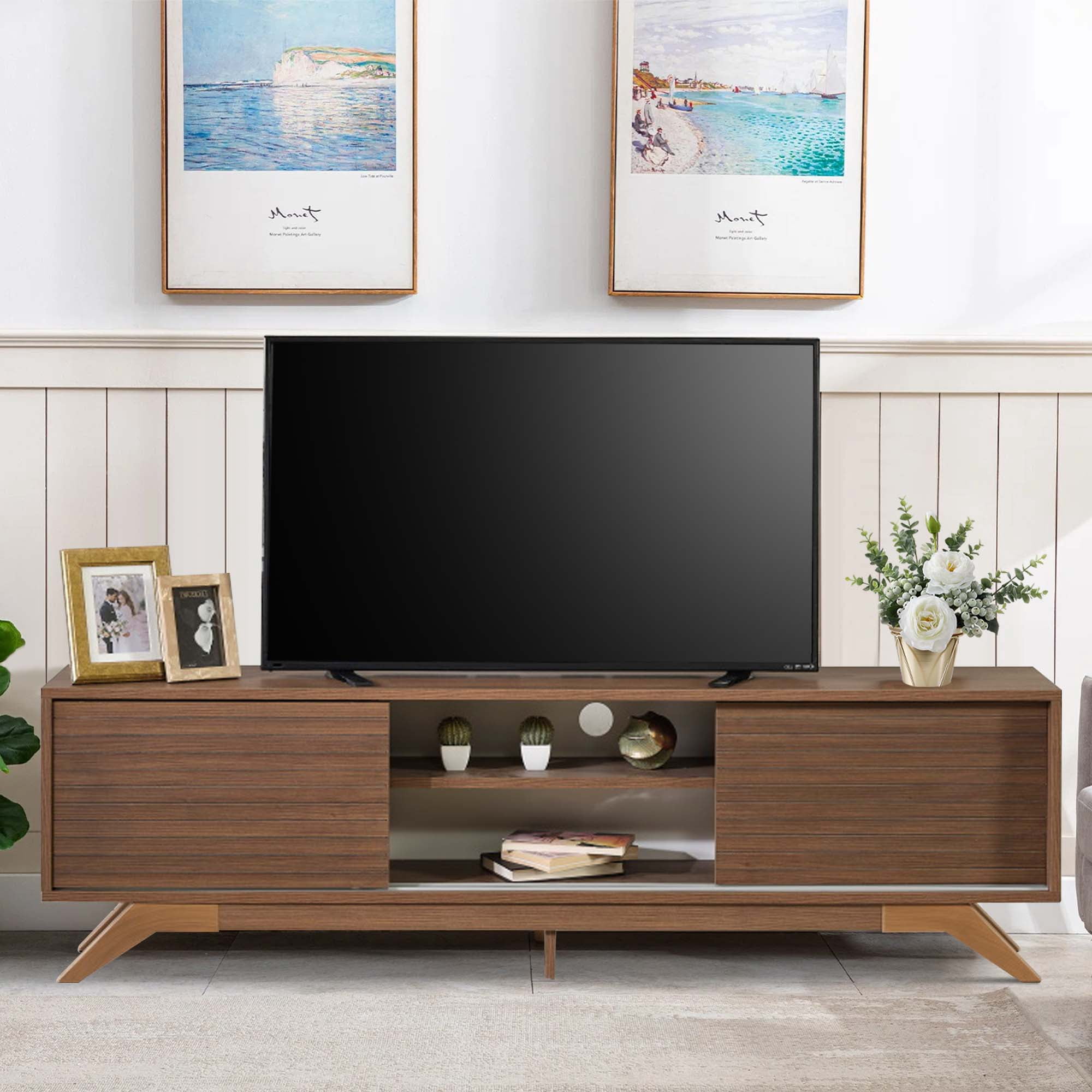 Aukfa Modern TV Stand for TVs up to 70" - TV Cabinet with 2 Sliding Door for living Room - Walnut