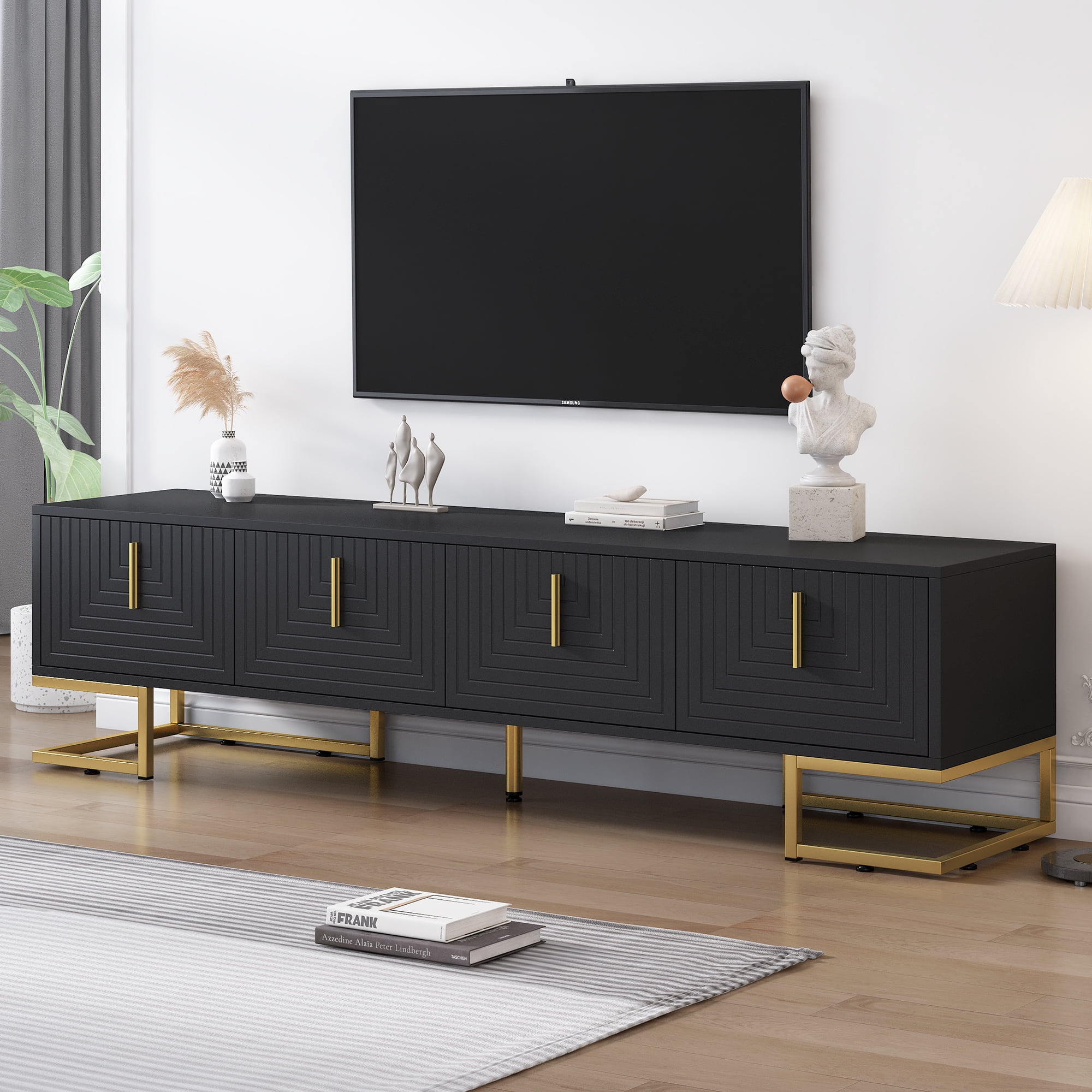 Aukfa Modern TV Stand for TVs up to 80'' with Metal Handles & Cabinet for Living Room, Black