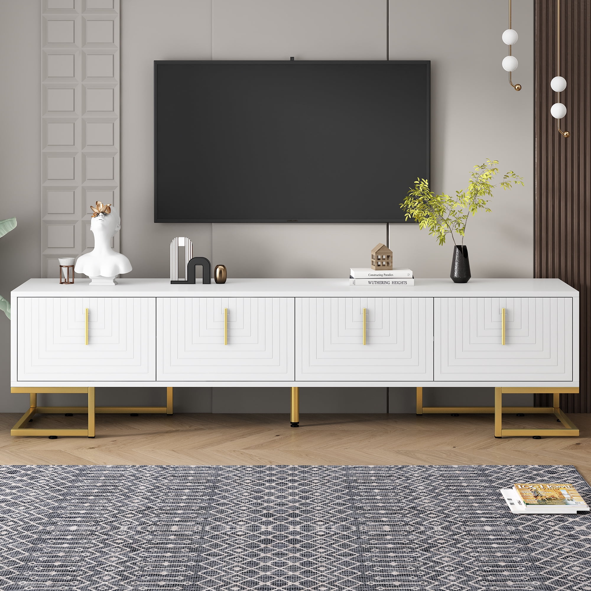 Aukfa Modern TV Stand for TVs up to 80'' with Metal Handles & Cabinet for Living Room, White