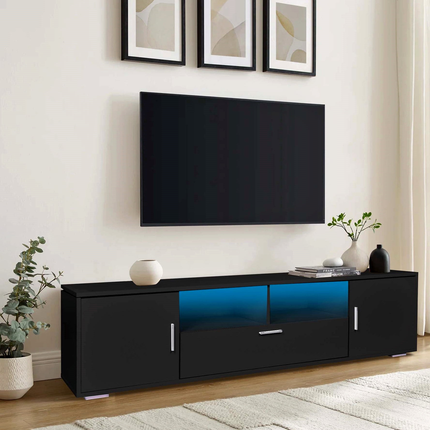 Aukfa Modern TV Stand with LED Light for TVs up to 70" - Entertainment Center TV Cabinet for Living Room - Black