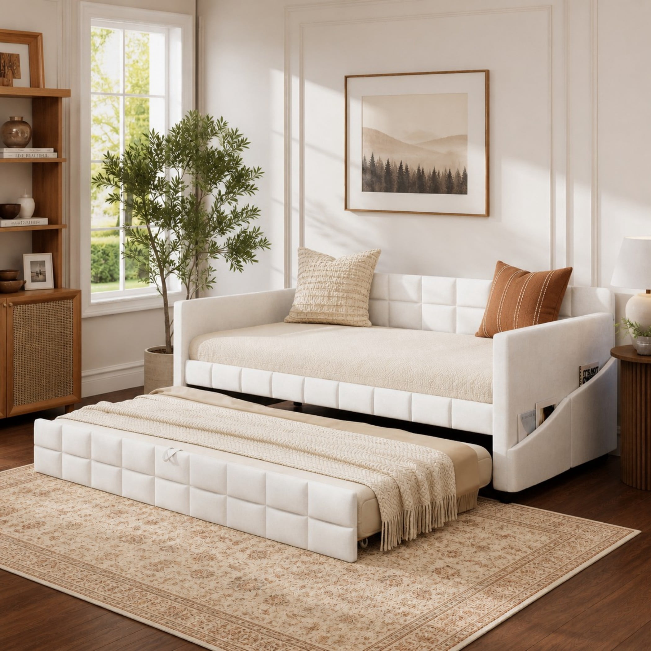 Aukfa Modern Twin Daybed with Trundle, Velvet Upholstered Bed Frame with Storage Pockets, Space-Saving Sofa Bed for Living Room, Bedroom, Beige